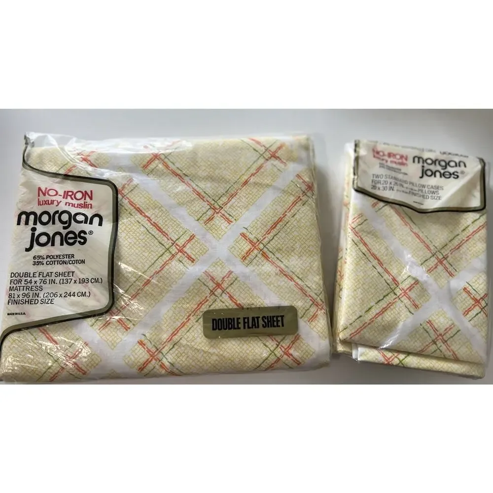 Vtg Morgan Jones Full Flat Sheet & Pillowcases Retro Tattersall Luxury Muslin